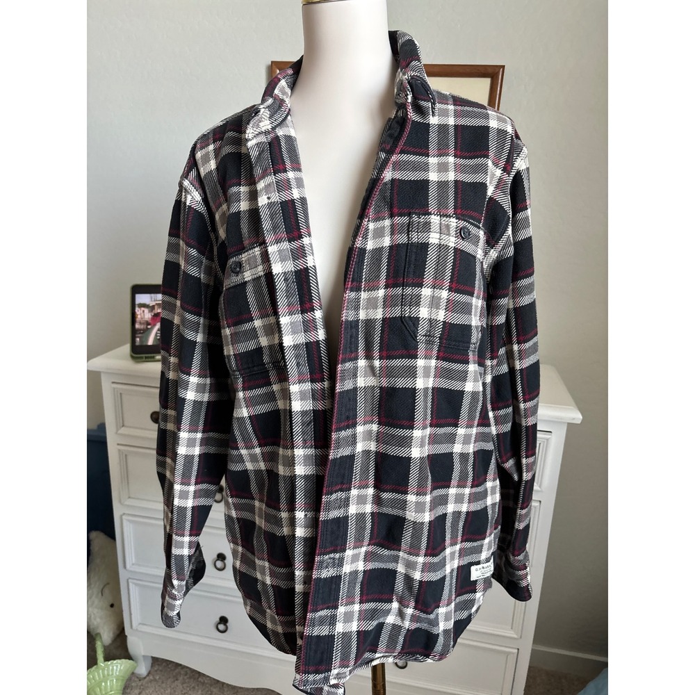 G.H. Bass Flannel Plaid Shirt Mens Black Red White Heavyweight Workwear Large